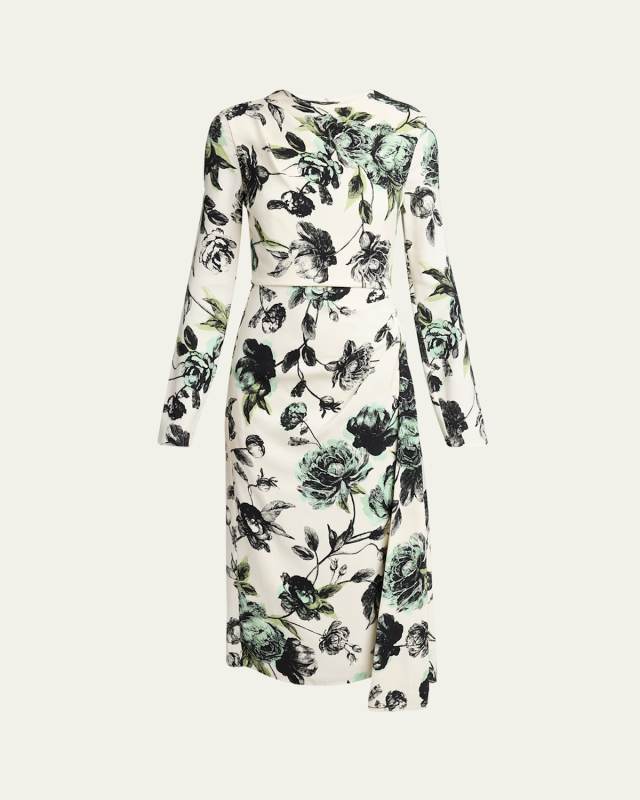 Floral Draped Long-Sleeve Midi Dress